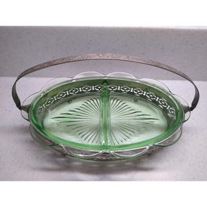 Vintage green depression glass divided relish tray with metal holder